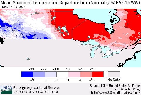 Canada Mean Maximum Temperature Departure from Normal (USAF 557th WW) Thematic Map For 12/12/2022 - 12/18/2022