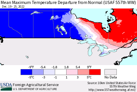 Canada Mean Maximum Temperature Departure from Normal (USAF 557th WW) Thematic Map For 12/19/2022 - 12/25/2022