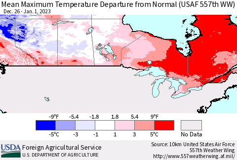 Canada Mean Maximum Temperature Departure from Normal (USAF 557th WW) Thematic Map For 12/26/2022 - 1/1/2023