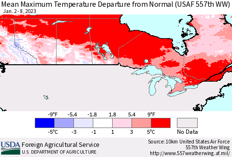 Canada Mean Maximum Temperature Departure from Normal (USAF 557th WW) Thematic Map For 1/2/2023 - 1/8/2023