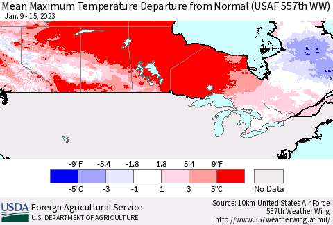 Canada Mean Maximum Temperature Departure from Normal (USAF 557th WW) Thematic Map For 1/9/2023 - 1/15/2023