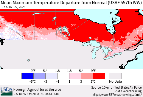 Canada Mean Maximum Temperature Departure from Normal (USAF 557th WW) Thematic Map For 1/16/2023 - 1/22/2023