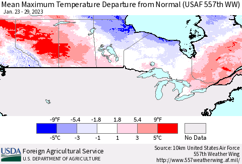 Canada Mean Maximum Temperature Departure from Normal (USAF 557th WW) Thematic Map For 1/23/2023 - 1/29/2023