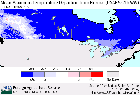 Canada Mean Maximum Temperature Departure from Normal (USAF 557th WW) Thematic Map For 1/30/2023 - 2/5/2023