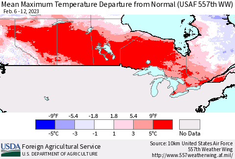 Canada Mean Maximum Temperature Departure from Normal (USAF 557th WW) Thematic Map For 2/6/2023 - 2/12/2023