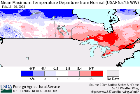 Canada Mean Maximum Temperature Departure from Normal (USAF 557th WW) Thematic Map For 2/13/2023 - 2/19/2023