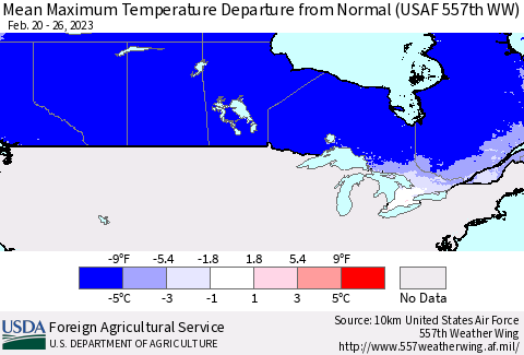 Canada Mean Maximum Temperature Departure from Normal (USAF 557th WW) Thematic Map For 2/20/2023 - 2/26/2023