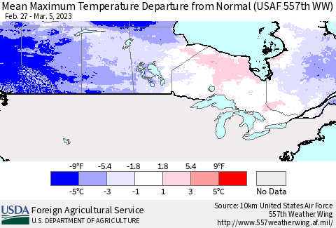 Canada Mean Maximum Temperature Departure from Normal (USAF 557th WW) Thematic Map For 2/27/2023 - 3/5/2023