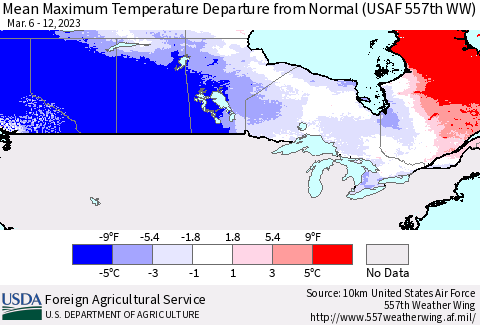 Canada Mean Maximum Temperature Departure from Normal (USAF 557th WW) Thematic Map For 3/6/2023 - 3/12/2023