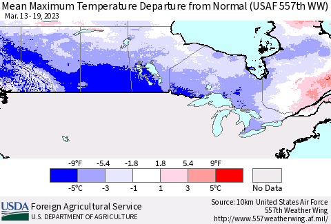 Canada Mean Maximum Temperature Departure from Normal (USAF 557th WW) Thematic Map For 3/13/2023 - 3/19/2023