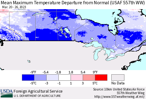 Canada Mean Maximum Temperature Departure from Normal (USAF 557th WW) Thematic Map For 3/20/2023 - 3/26/2023