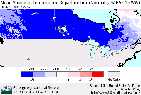 Canada Mean Maximum Temperature Departure from Normal (USAF 557th WW) Thematic Map For 3/27/2023 - 4/2/2023