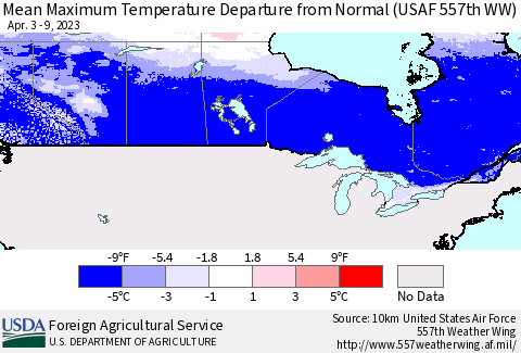 Canada Mean Maximum Temperature Departure from Normal (USAF 557th WW) Thematic Map For 4/3/2023 - 4/9/2023
