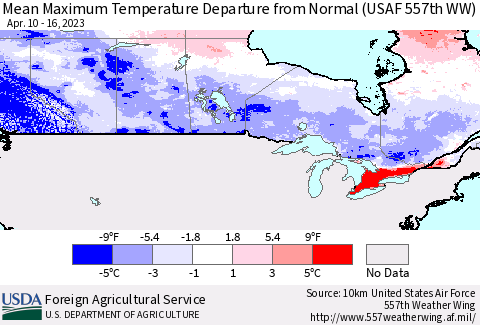 Canada Mean Maximum Temperature Departure from Normal (USAF 557th WW) Thematic Map For 4/10/2023 - 4/16/2023