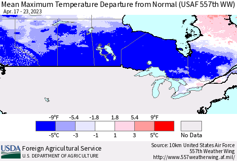 Canada Mean Maximum Temperature Departure from Normal (USAF 557th WW) Thematic Map For 4/17/2023 - 4/23/2023