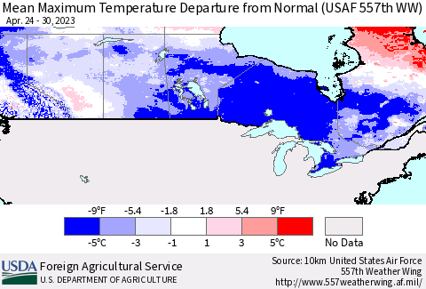 Canada Mean Maximum Temperature Departure from Normal (USAF 557th WW) Thematic Map For 4/24/2023 - 4/30/2023