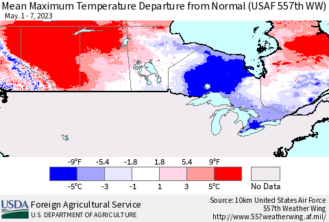 Canada Mean Maximum Temperature Departure from Normal (USAF 557th WW) Thematic Map For 5/1/2023 - 5/7/2023