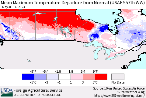 Canada Mean Maximum Temperature Departure from Normal (USAF 557th WW) Thematic Map For 5/8/2023 - 5/14/2023