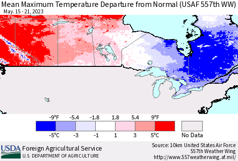 Canada Mean Maximum Temperature Departure from Normal (USAF 557th WW) Thematic Map For 5/15/2023 - 5/21/2023