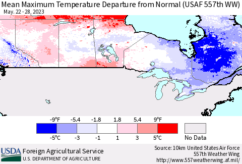 Canada Mean Maximum Temperature Departure from Normal (USAF 557th WW) Thematic Map For 5/22/2023 - 5/28/2023