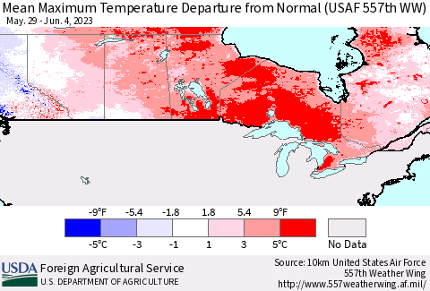 Canada Mean Maximum Temperature Departure from Normal (USAF 557th WW) Thematic Map For 5/29/2023 - 6/4/2023