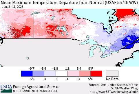 Canada Mean Maximum Temperature Departure from Normal (USAF 557th WW) Thematic Map For 6/5/2023 - 6/11/2023