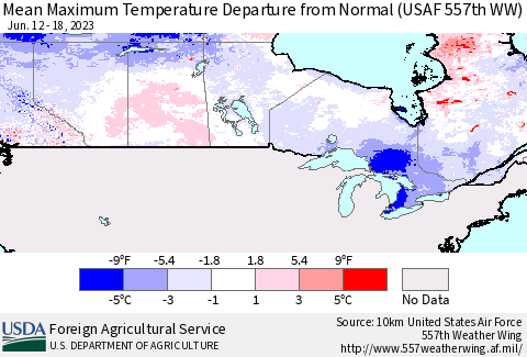 Canada Mean Maximum Temperature Departure from Normal (USAF 557th WW) Thematic Map For 6/12/2023 - 6/18/2023