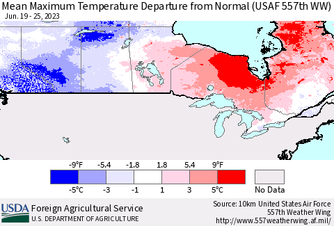 Canada Mean Maximum Temperature Departure from Normal (USAF 557th WW) Thematic Map For 6/19/2023 - 6/25/2023