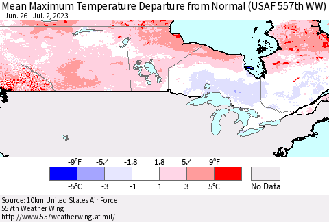 Canada Mean Maximum Temperature Departure from Normal (USAF 557th WW) Thematic Map For 6/26/2023 - 7/2/2023