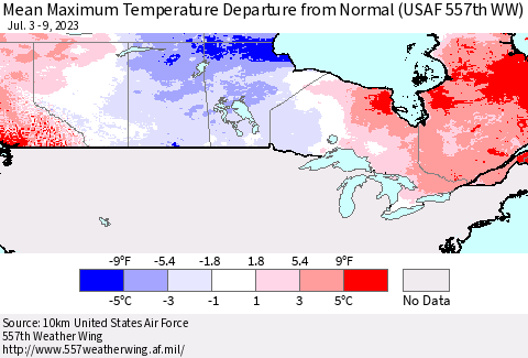 Canada Mean Maximum Temperature Departure from Normal (USAF 557th WW) Thematic Map For 7/3/2023 - 7/9/2023