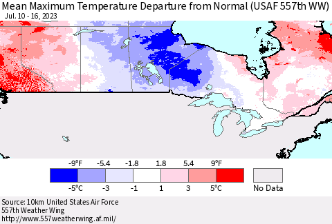 Canada Mean Maximum Temperature Departure from Normal (USAF 557th WW) Thematic Map For 7/10/2023 - 7/16/2023