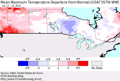 Canada Mean Maximum Temperature Departure from Normal (USAF 557th WW) Thematic Map For 7/17/2023 - 7/23/2023