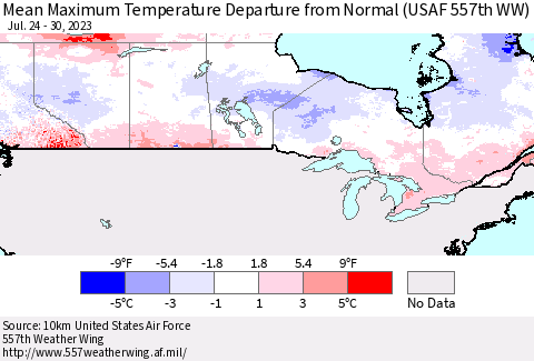 Canada Mean Maximum Temperature Departure from Normal (USAF 557th WW) Thematic Map For 7/24/2023 - 7/30/2023