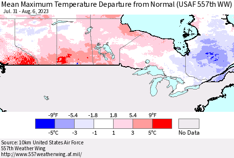 Canada Mean Maximum Temperature Departure from Normal (USAF 557th WW) Thematic Map For 7/31/2023 - 8/6/2023