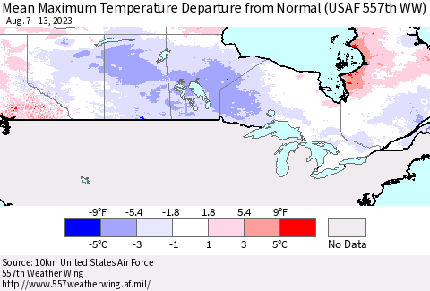Canada Mean Maximum Temperature Departure from Normal (USAF 557th WW) Thematic Map For 8/7/2023 - 8/13/2023
