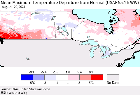 Canada Mean Maximum Temperature Departure from Normal (USAF 557th WW) Thematic Map For 8/14/2023 - 8/20/2023