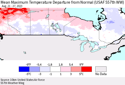 Canada Mean Maximum Temperature Departure from Normal (USAF 557th WW) Thematic Map For 8/21/2023 - 8/27/2023