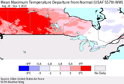 Canada Mean Maximum Temperature Departure from Normal (USAF 557th WW) Thematic Map For 8/28/2023 - 9/3/2023