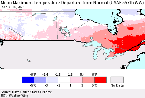Canada Mean Maximum Temperature Departure from Normal (USAF 557th WW) Thematic Map For 9/4/2023 - 9/10/2023