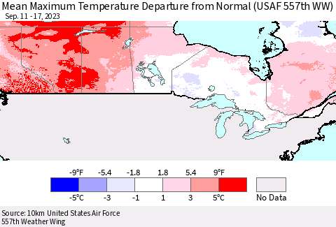 Canada Mean Maximum Temperature Departure from Normal (USAF 557th WW) Thematic Map For 9/11/2023 - 9/17/2023