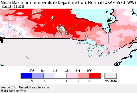 Canada Mean Maximum Temperature Departure from Normal (USAF 557th WW) Thematic Map For 9/18/2023 - 9/24/2023