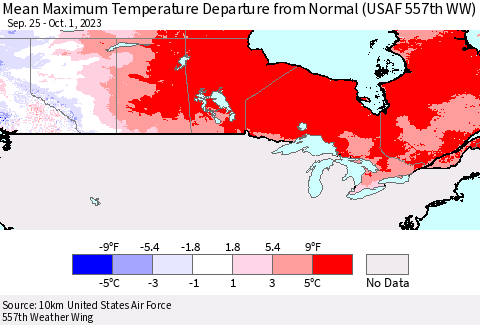 Canada Mean Maximum Temperature Departure from Normal (USAF 557th WW) Thematic Map For 9/25/2023 - 10/1/2023