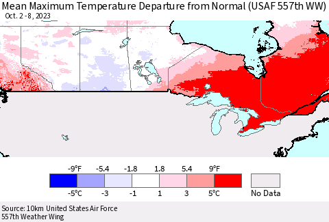 Canada Mean Maximum Temperature Departure from Normal (USAF 557th WW) Thematic Map For 10/2/2023 - 10/8/2023