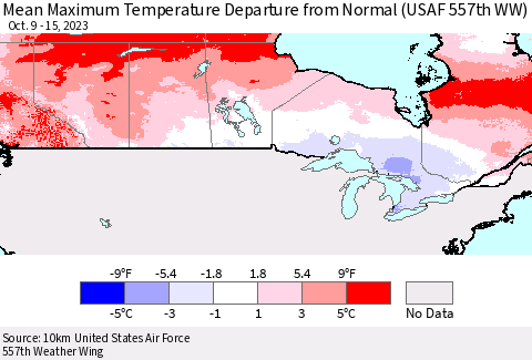 Canada Mean Maximum Temperature Departure from Normal (USAF 557th WW) Thematic Map For 10/9/2023 - 10/15/2023