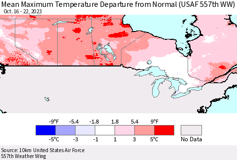 Canada Mean Maximum Temperature Departure from Normal (USAF 557th WW) Thematic Map For 10/16/2023 - 10/22/2023