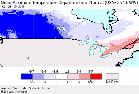 Canada Mean Maximum Temperature Departure from Normal (USAF 557th WW) Thematic Map For 10/23/2023 - 10/29/2023