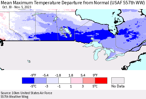 Canada Mean Maximum Temperature Departure from Normal (USAF 557th WW) Thematic Map For 10/30/2023 - 11/5/2023