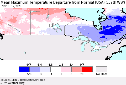 Canada Mean Maximum Temperature Departure from Normal (USAF 557th WW) Thematic Map For 11/6/2023 - 11/12/2023