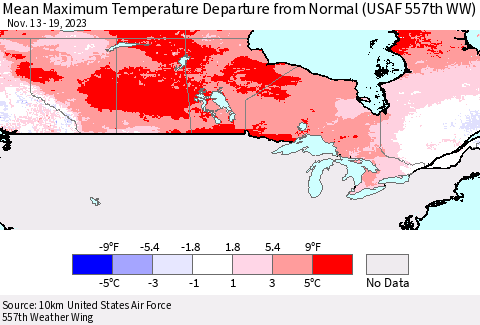 Canada Mean Maximum Temperature Departure from Normal (USAF 557th WW) Thematic Map For 11/13/2023 - 11/19/2023