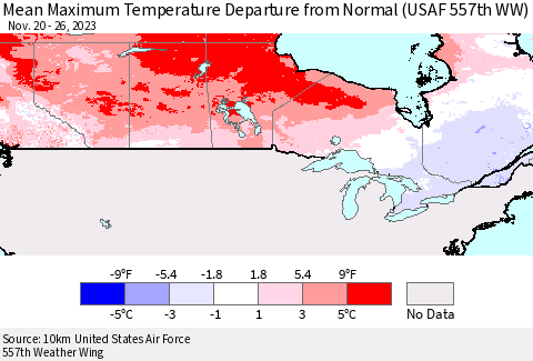 Canada Mean Maximum Temperature Departure from Normal (USAF 557th WW) Thematic Map For 11/20/2023 - 11/26/2023
